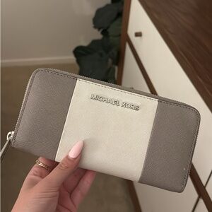 Michael Kors Gray and Cream Wallet with Zip-Around Closure